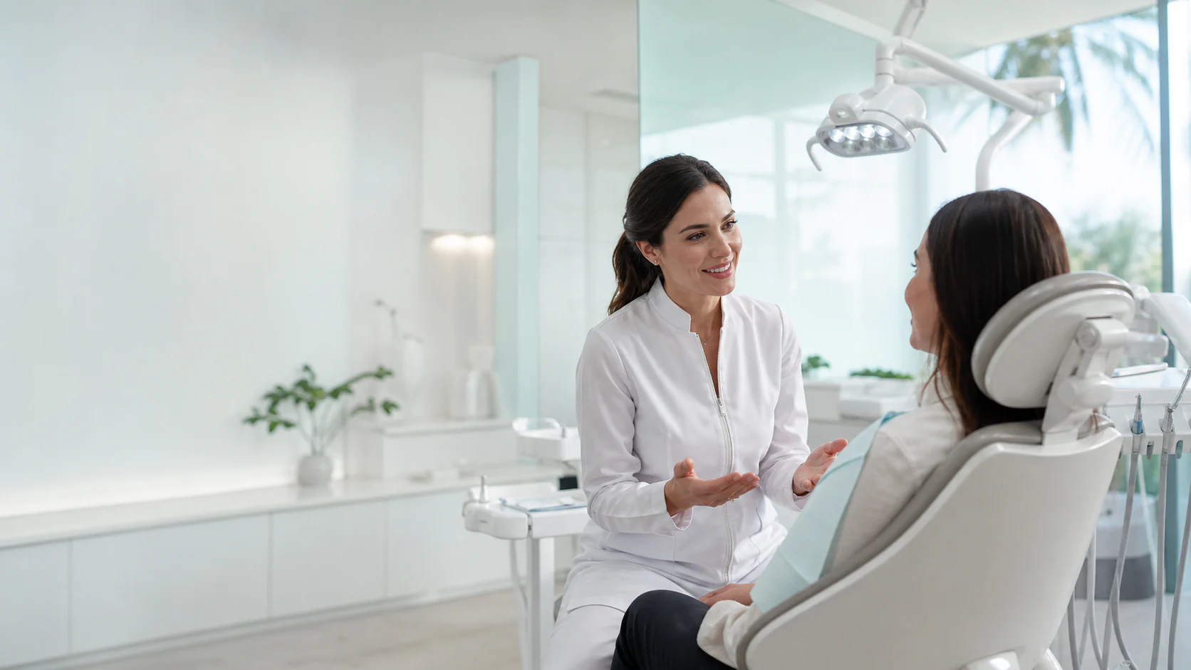 Dentista conversando com paciente durante atendimento